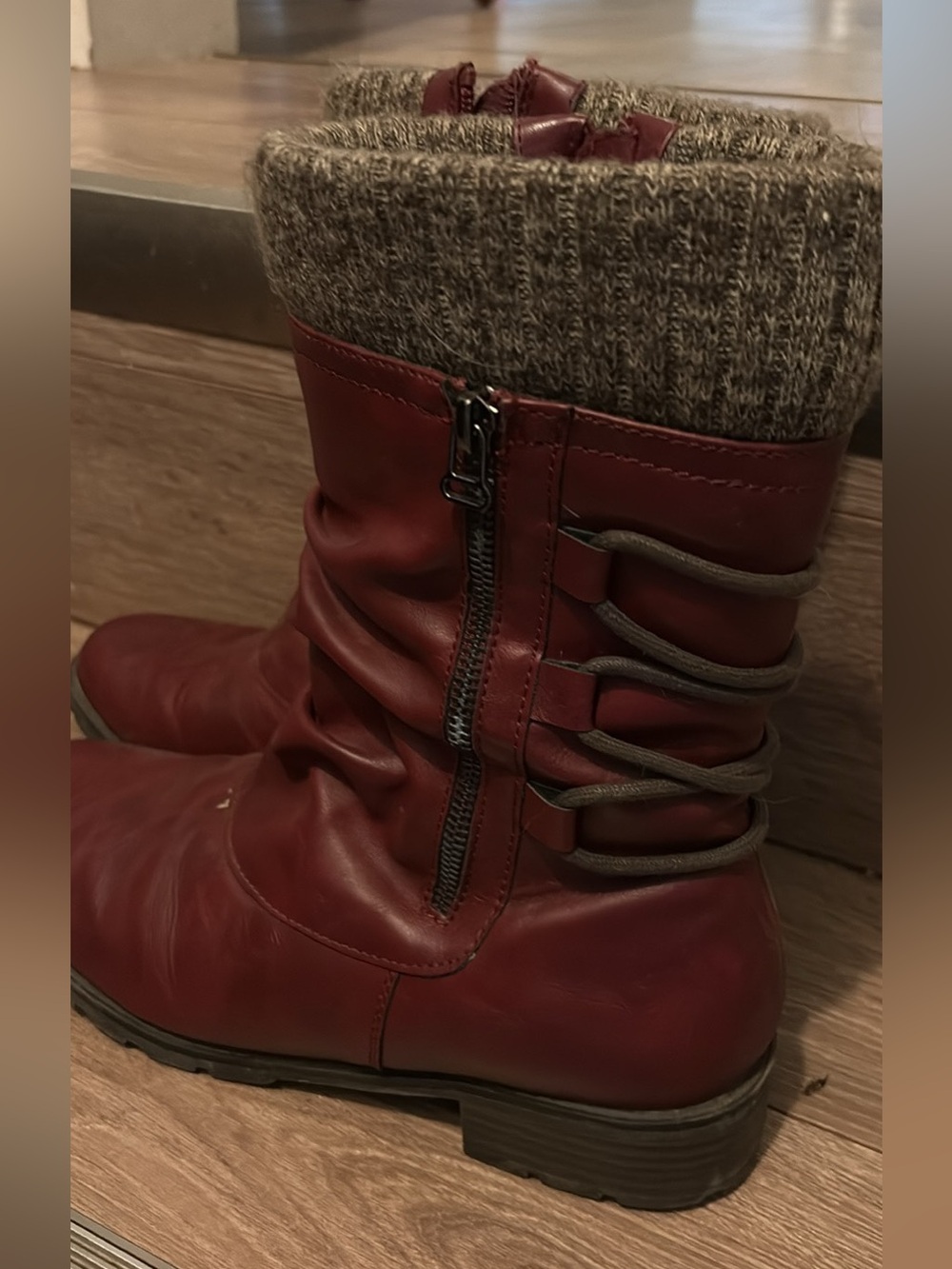 Women's Red Leather Zip-Back  Boots with Knit Cuff